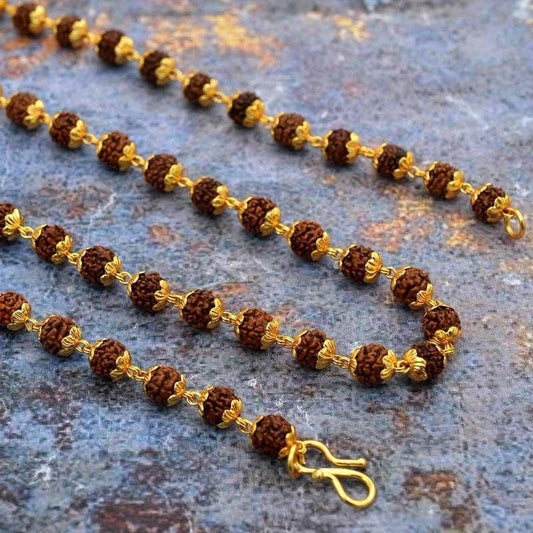Noorika™ 5 Mukhi Natural Rudraksha Mala | 22ct Gold Plated & Rhodium Coated Spiritual Chain for Men & Women