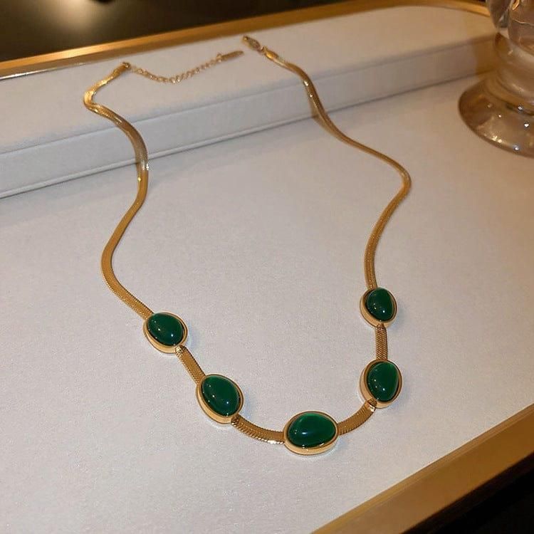 👉 Oval Green Crystal Pendant Necklace & Bracelet Set