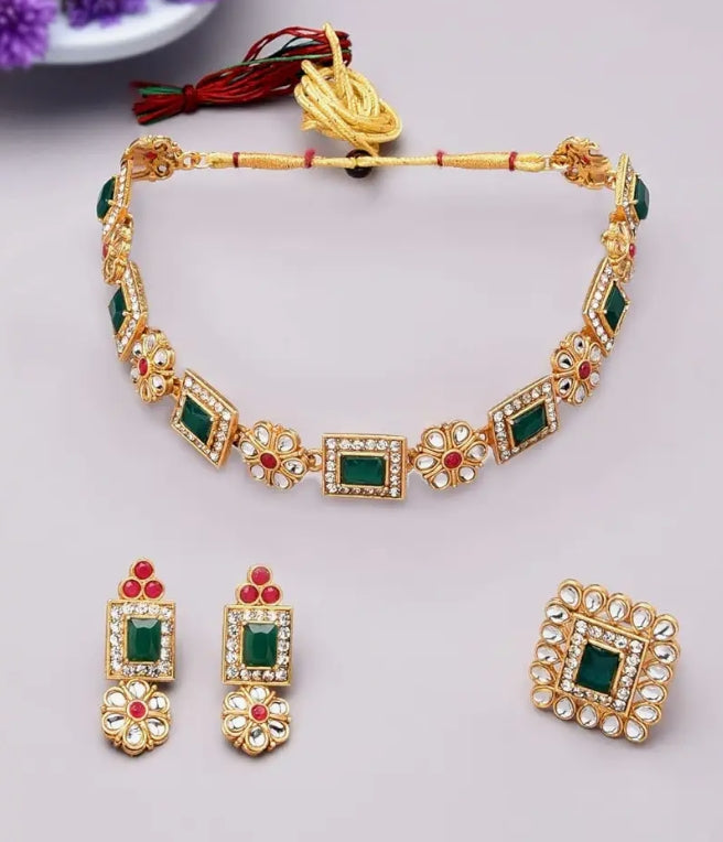 Designer Kundan Choker Set for Women | Zaveri Pearls | Brass Rope Chain | Pink & Green | 22K Gold Plated Necklace with Earrings & Ring
