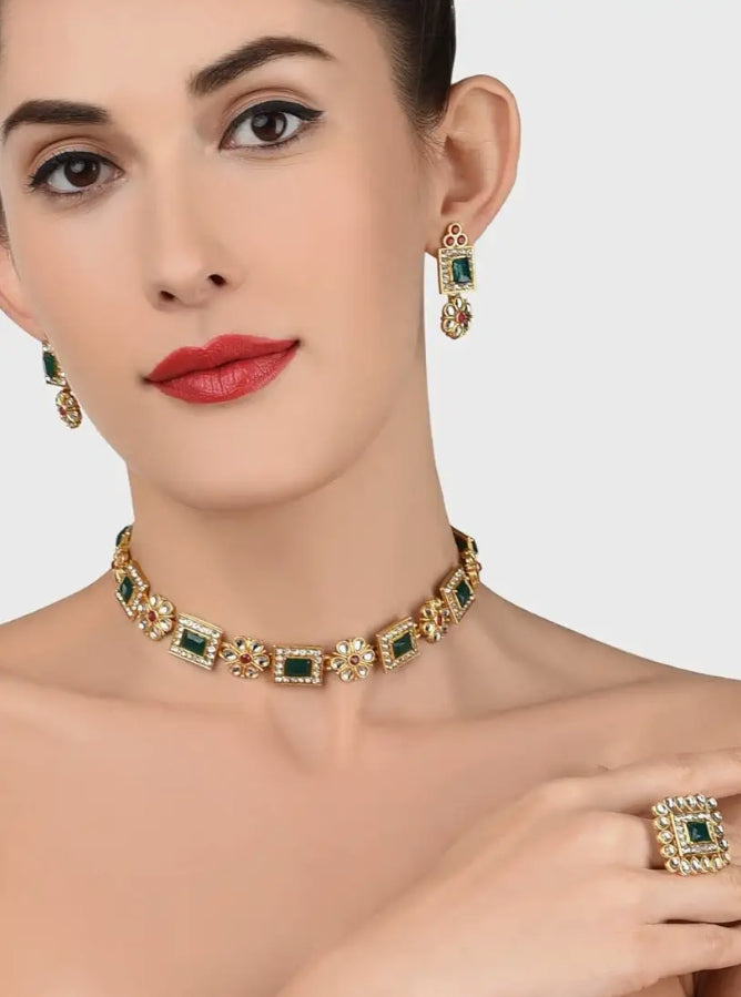 Designer Kundan Choker Set for Women | Zaveri Pearls | Brass Rope Chain | Pink & Green | 22K Gold Plated Necklace with Earrings & Ring