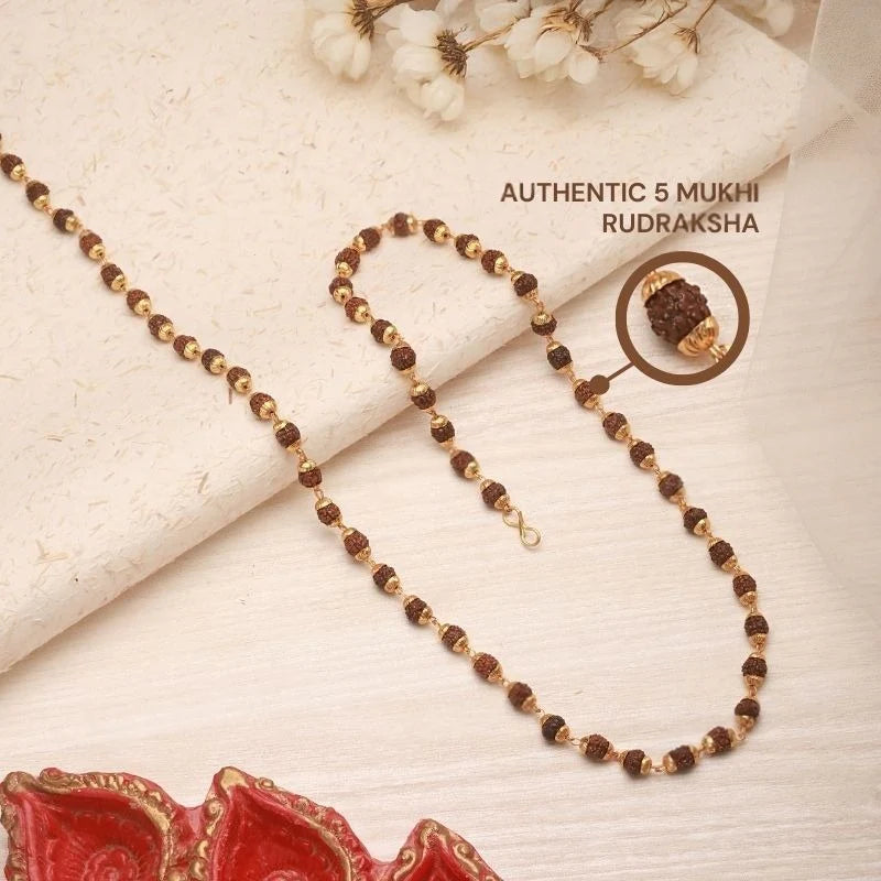 Noorika™ 5 Mukhi Natural Rudraksha Mala | 22ct Gold Plated & Rhodium Coated Spiritual Chain for Men & Women