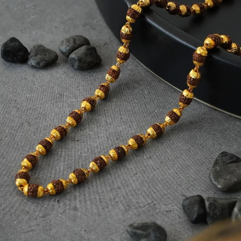 Noorika™ 5 Mukhi Natural Rudraksha Mala | 22ct Gold Plated & Rhodium Coated Spiritual Chain for Men & Women