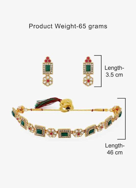 Designer Kundan Choker Set for Women | Zaveri Pearls | Brass Rope Chain | Pink & Green | 22K Gold Plated Necklace with Earrings & Ring